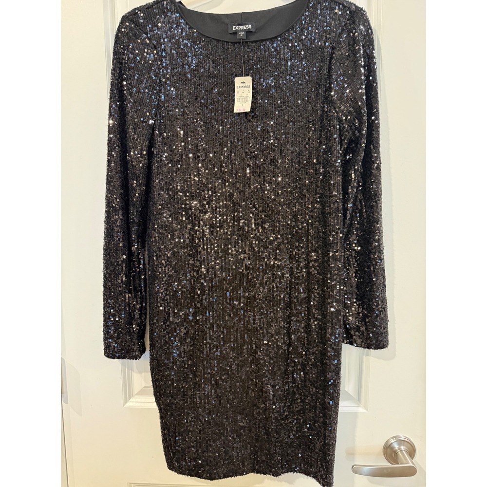 Express Womens Black Sequin Long Sleeve Mini Shift Dress Size S New With Tags